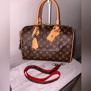 Brown and Tan Monogram Satchel